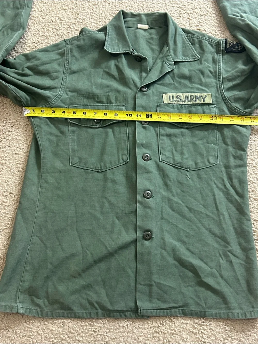 Vintage 1972 OD OG-107 Utility Button Up Sateen Shirt Size 15 1/2 X 35 US Army